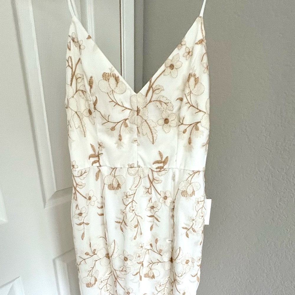 Lulu's Cream and Tan Slip Dress Spaghetti Strap knee length